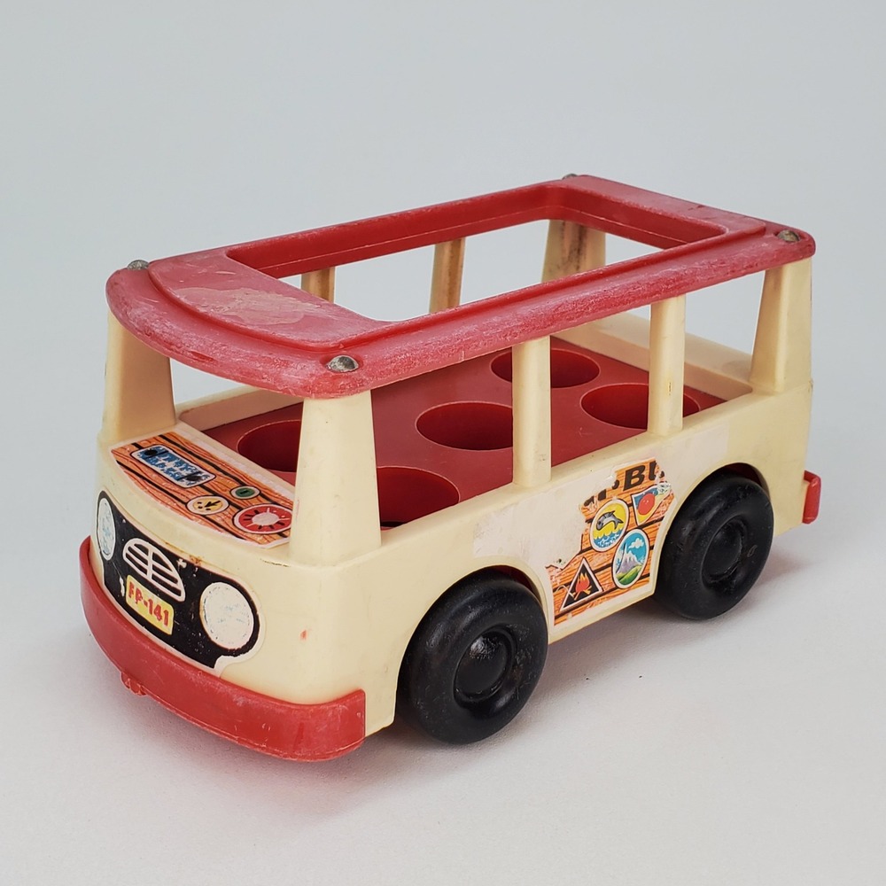 Vintage Fisher-Price Little People Safari Bus FP-141 Red Cream Retro Toy